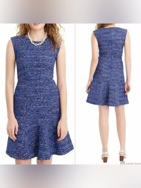 J.Crew Blue Tweed A-Line Dress Flounce Hem Jewel Neck Size 4 NWT Style L0138